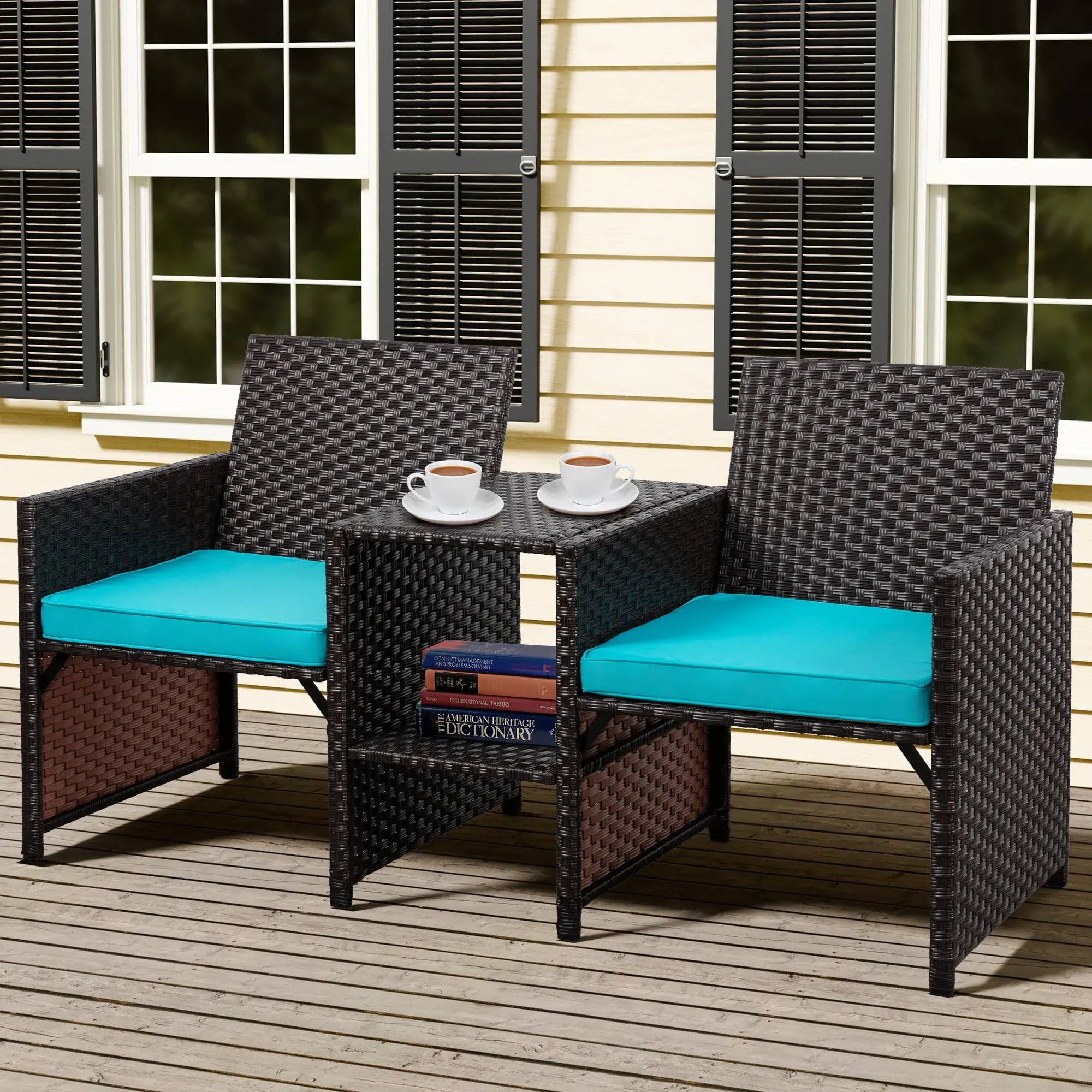 Shintenchi Wicker Patio Conversation Furniture Set with Detachable Chairs & Table and Two Removable Cushions,Rattan Wicker Lover Chair for Patio,Garden, Courtyard and Lawn Backyard (Deep Blue)