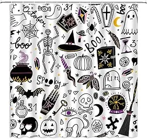 Halloween Shower Curtain Black Alchemy Magic Witch Spooky Witchcraft Skull Funny Skeleton Bat Boho Hand Palmistry Gothic Ouija Board Ghost Spider Web Black Cat Bath Curtain with Hook