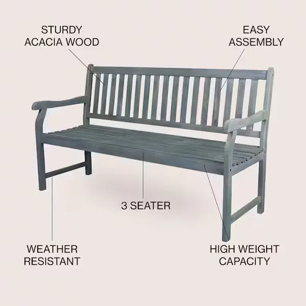 Laurel 3-Seat Slat-Back Acacia Wood Outdoor Garden Patio Bench - JONATHAN Y