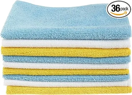 Amazon Basics Microfiber Cleaning Cloths, Non-Abrasive, Reusable and Washable, Pack of 36, Blue/White/Yellow, 16" x 12"