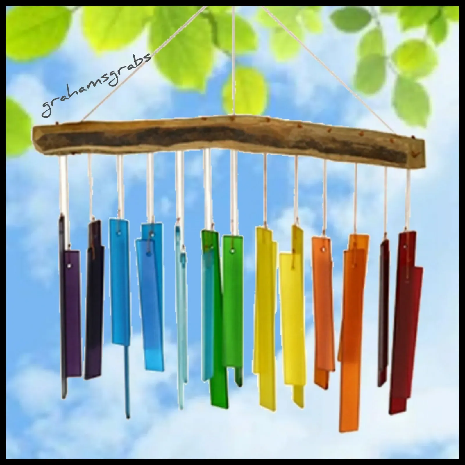 Blue Handworks Spring Colors Glass & Driftwood Chime, Sandblasted Glass and Found Wood Handcrafted Wind Chime