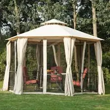 Outsunny 13' x 13' Patio Gazebo Double Roof Hexagon Outdoor Gazebo Canopy Shelter with Netting & Curtains