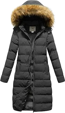 CREATMO US Women's Long Winter Faux Fur Coat Puffer Warm Jacket with Detachable Hood