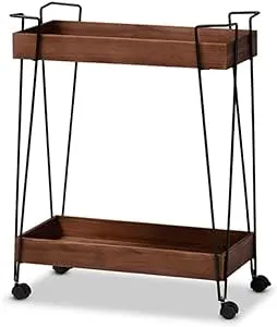 Baxton Studio Reynard Modern and Industrial Walnut Brown Finished Wood and Black Metal 2-Tier Wine Cart