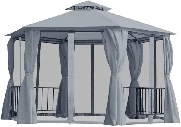 Outsunny 13&#39; x 13&#39; Patio Gazebo, Double Roof Hexagon Outdoor Gazebo Canopy Shelter with Netting & Curtains, Solid Steel Frame for Garden, Lawn, Backyard and Deck, Coffee