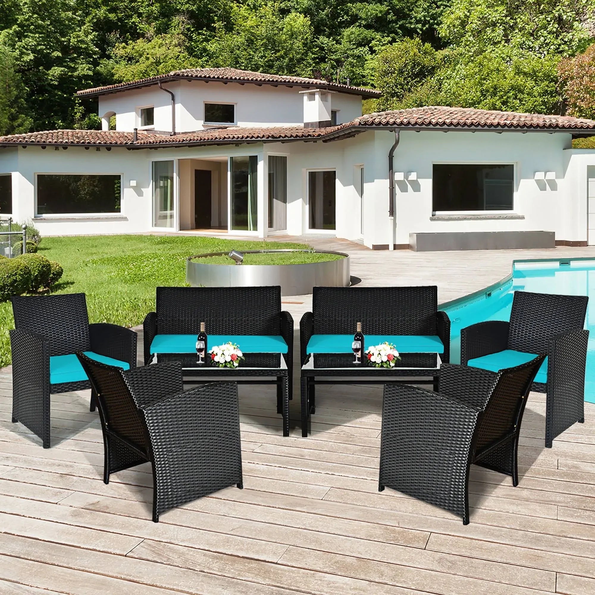 Costway 8pcs Patio Rattan Furniture Conversation Set Cushion Sofa - See Details - Green