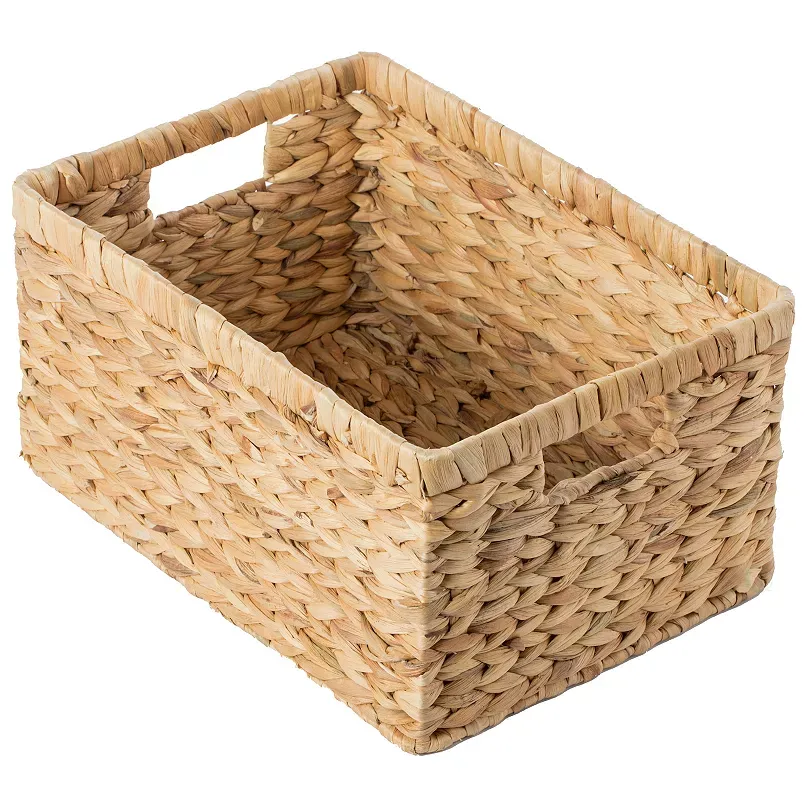 Natural Woven Water Hyacinth Wicker Rectangular Storage Bin Basket with Handles