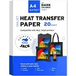 Printers Jack Iron On Heat Transfer Paper for Dark Fabric 20 Pack 8.3x11.7" T Shirt Transfer Paper for Inkjet Printer Wa