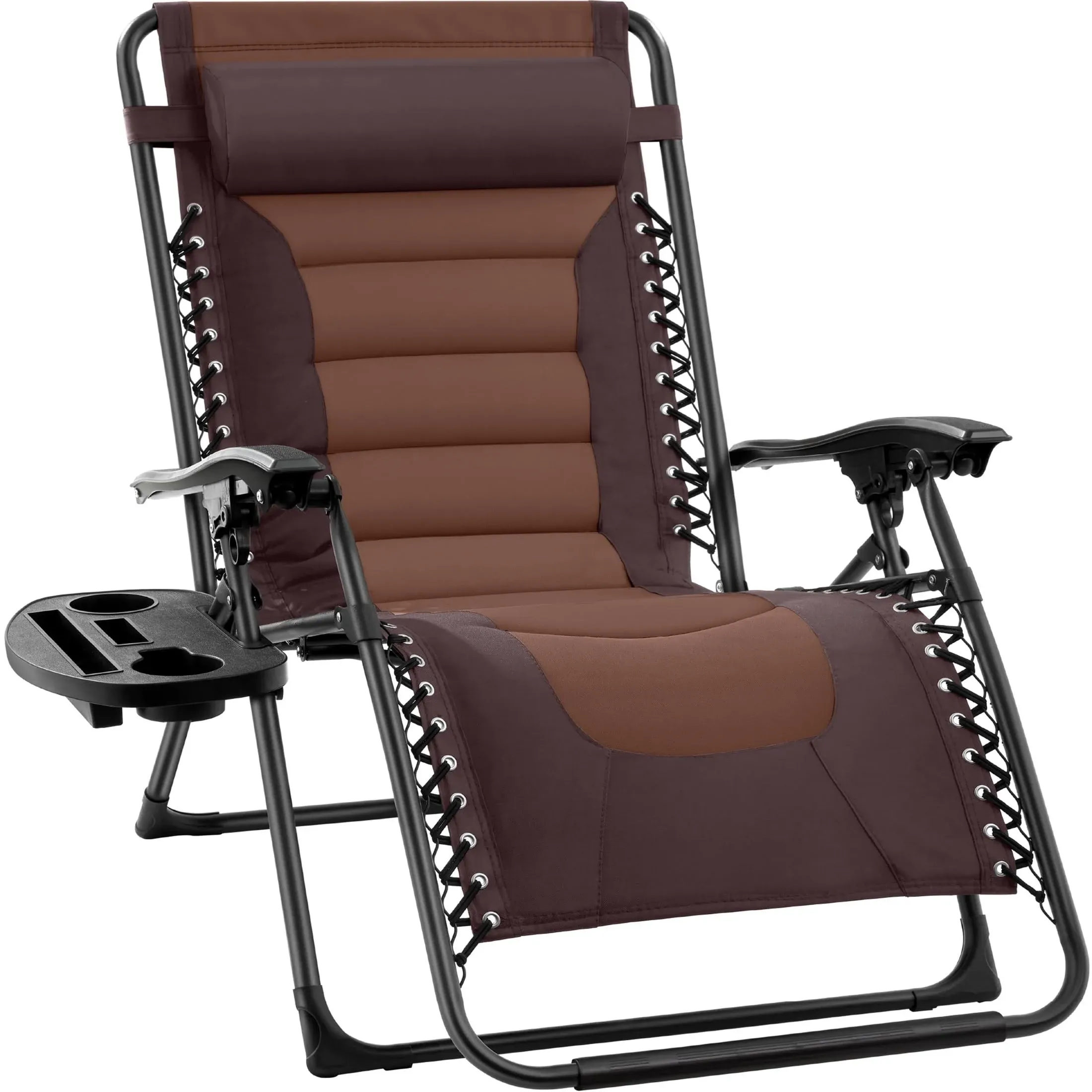 Best Choice Products Oversized Padded Zero Gravity Chair, Folding Outdoor Patio Recliner w/ Side Tray - Espresso/Caramel