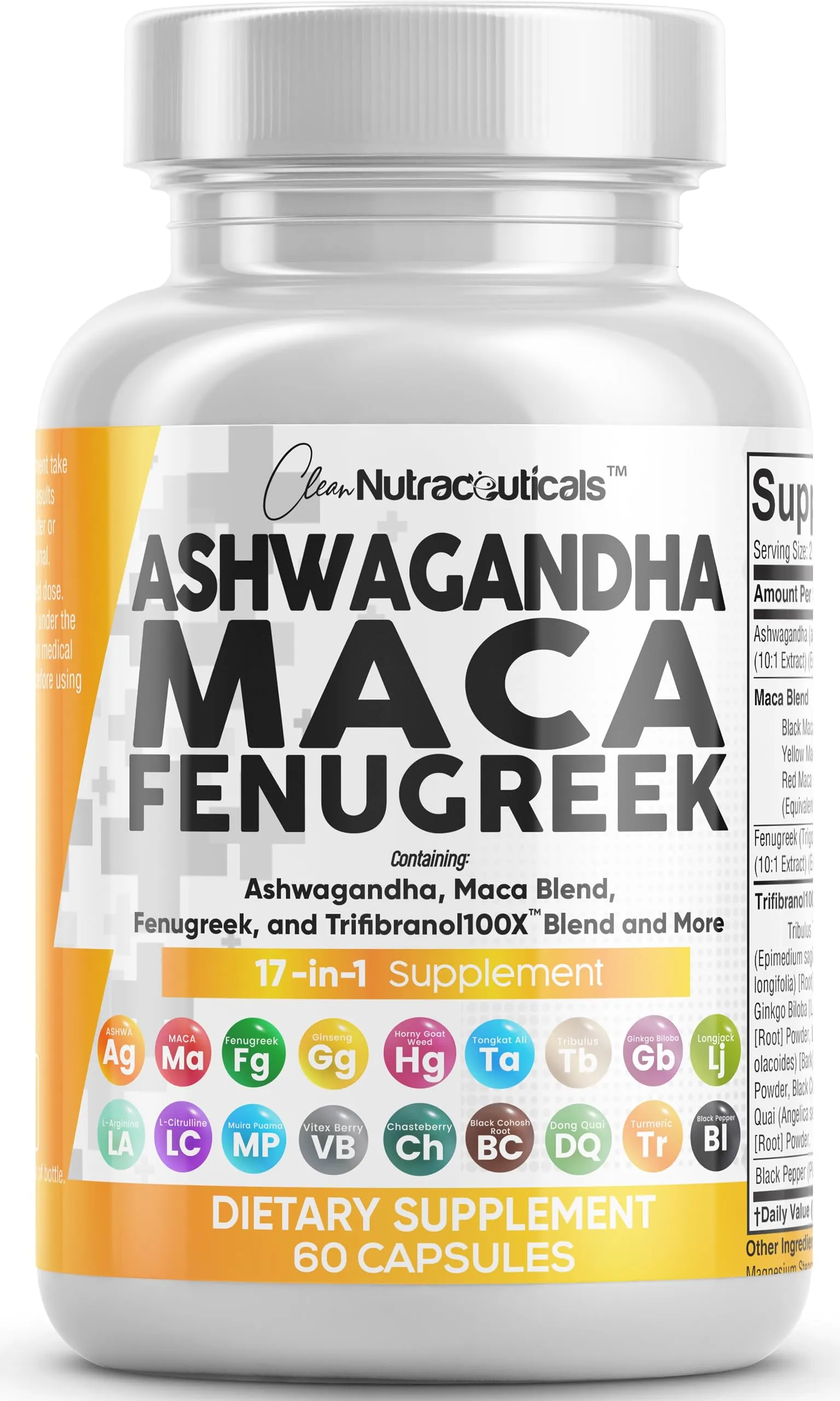 Ashwagandha 5000mg Maca Root 2000mg Fenugreek 3000mg Supplement with Tongkat Ali Ginseng - Assists Stress, Mood & Thyroid Health Capsules Pills Caps USA 60 Count