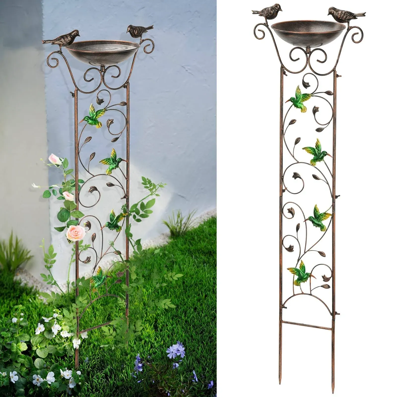 SUNNYPARK Antique Garden Iron Trellis with Decorative Hummingbirds Detachable Bird Bath Bowl Metal Potted Plant Support