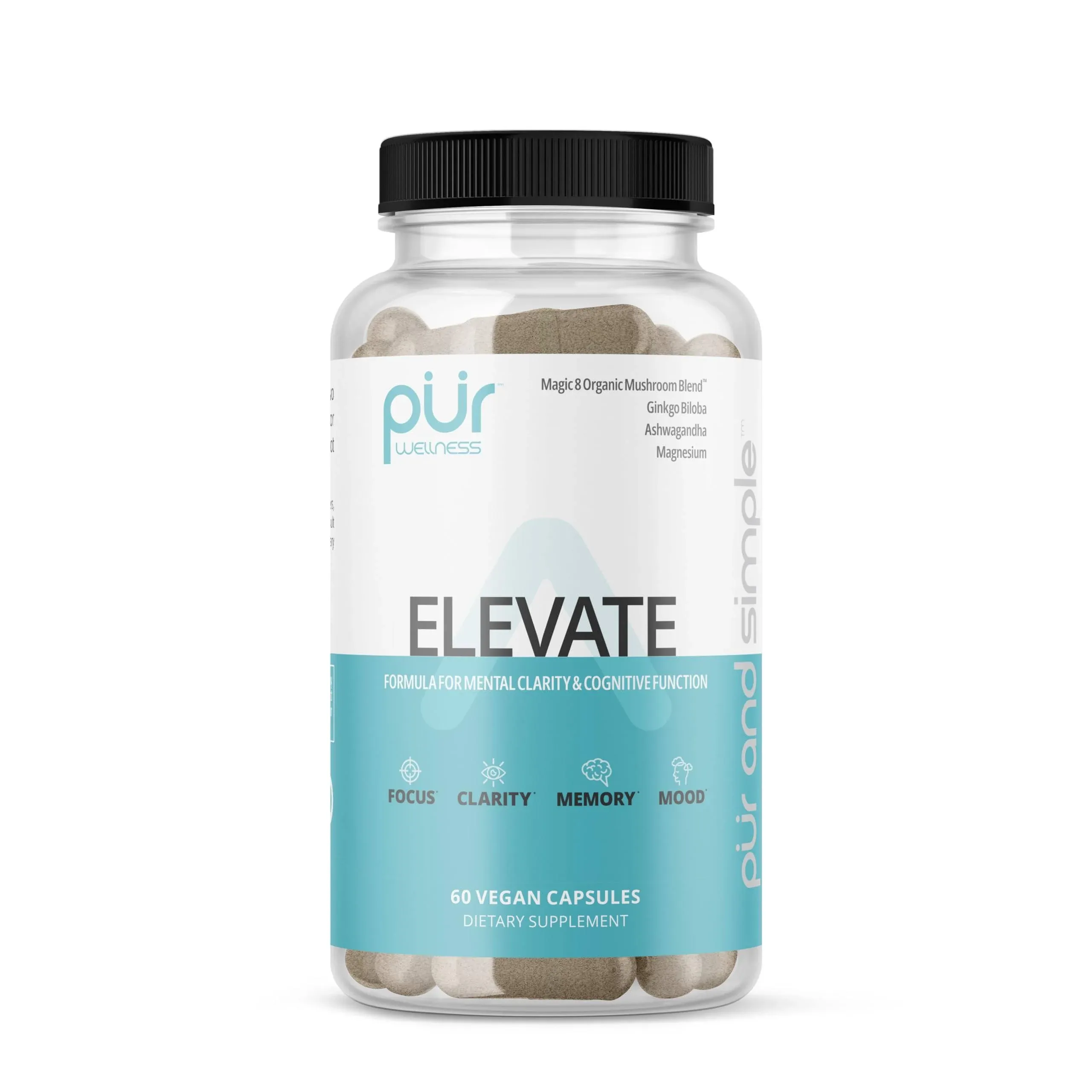 Pur Wellness Elevate Nootropic Brain Supplement for Focus Clarity Memory Mood, 8 Mushroom Blend, Ginkgo Biloba, Ashwagandha, Magnesium for Natural