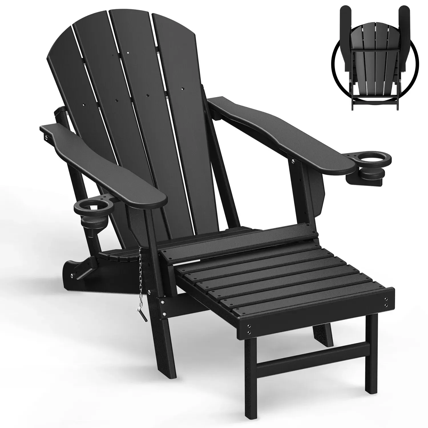 Folding Adirondack Chair with Ottoman, HDPE Folding Chair with Cup Holders