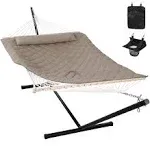 2 Person Hammock with 12FT Heavy Duty Steel Stand, Double Rope Light Brown