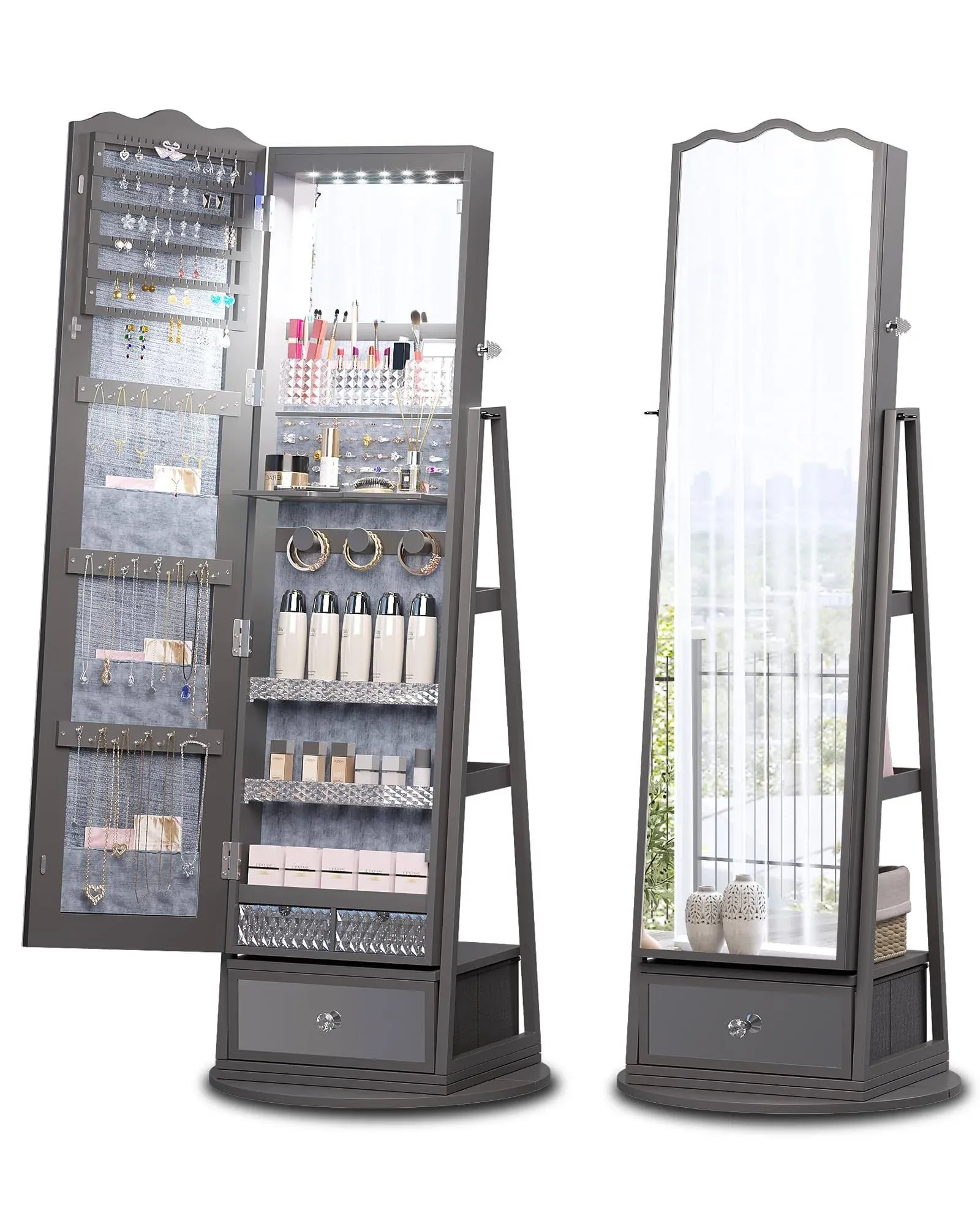 HWB Full-Length Mirror Jewelry Cabinet Standing with Lights - Ample Storage Drawer, 360° Rotating, Book Shelf, 3 Colors LED Lighting - Stand Up