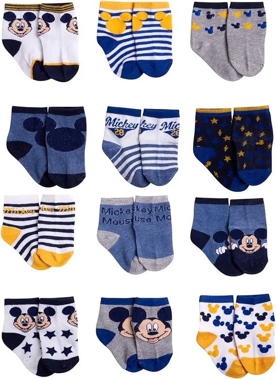 Disney Baby Boys Socks - 12 Pack Soft Newborn Baby Socks Character Prints - Cute Newborn and Infant Socks (0-24M)