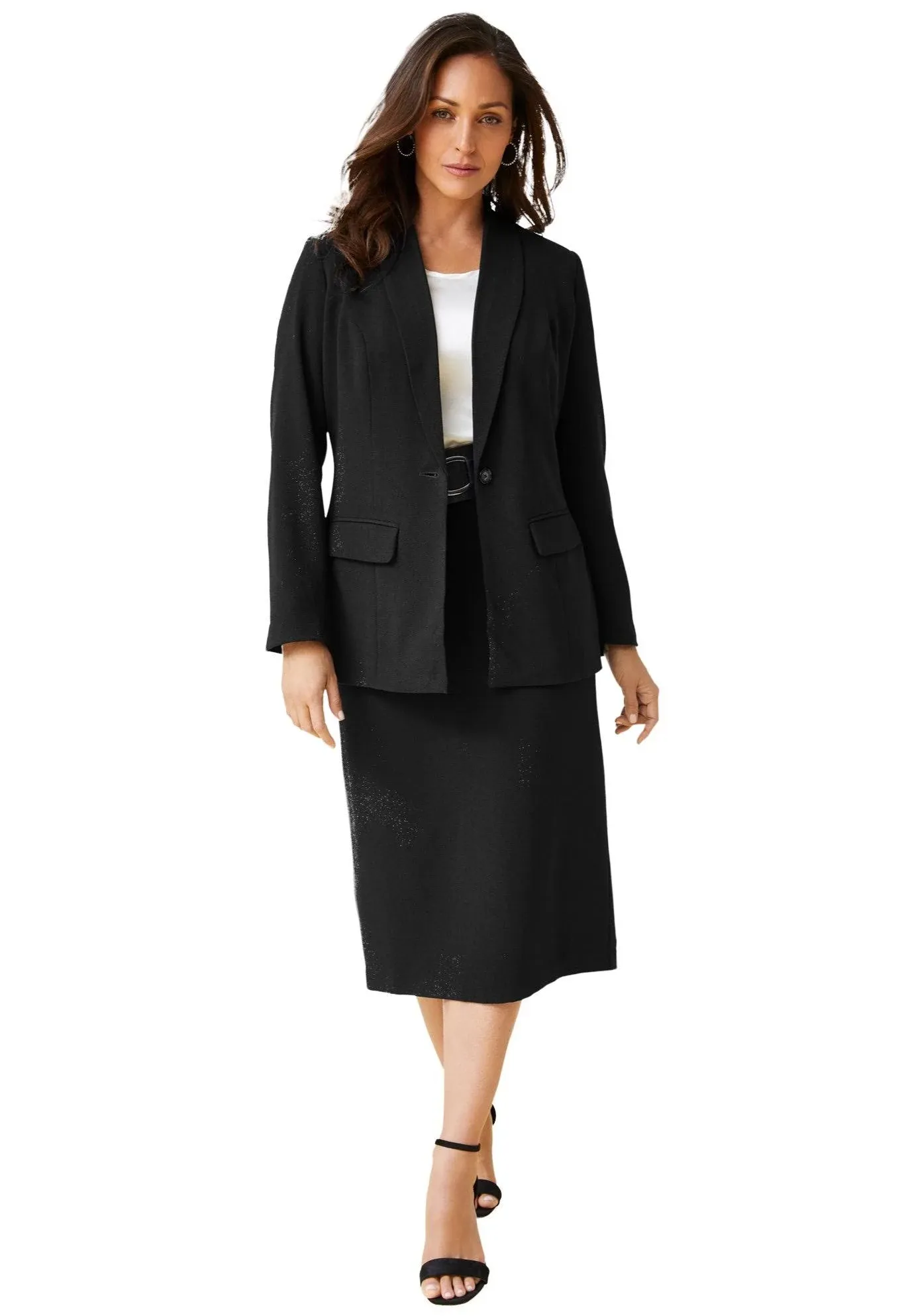 Jessica London Women's Plus Size 2-Piece Stretch Crepe Single-Breasted Skirt Suit - 22, Black