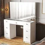 Vanity Table w/ Mirror, Glass Top, Built-in Lights, 7 Drawers, Crystal Knobs