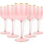 HomeyGear [12 oz - 5 PK Pink] Plastic Pink W Gold Rim Stemmed Goblets Wine Glasses BPA Free 12 oz Disposable Elegant Drink Cups for Parties Wedding