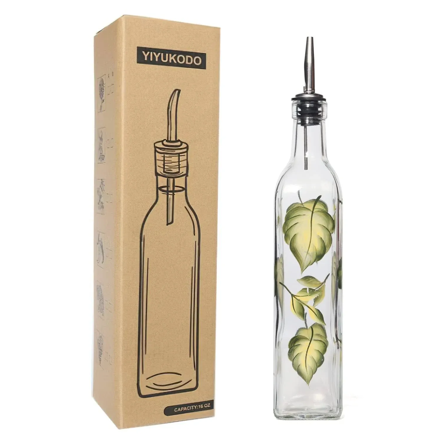 17oz Hand Painted Glass Olive Oil Bottle - 500ml Green Oil &amp; Vinegar Cruet wi...