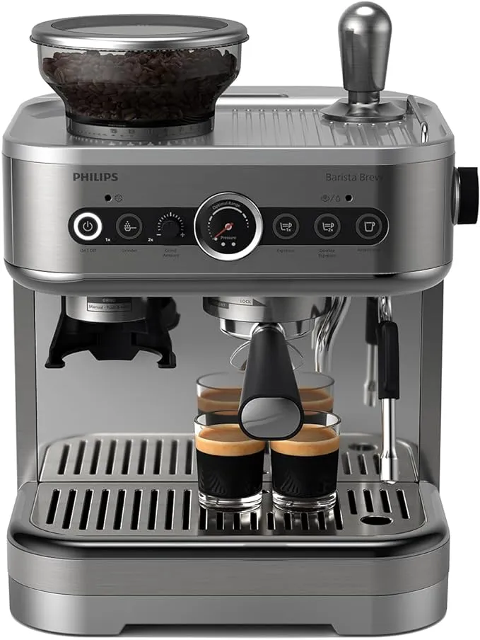 PHILIPS Barista Brew Semi Automatic Espresso Machine - Single & Double Espresso + Americano Button, 250g Bean Container, Intuitive Guidance, Calibrated Tamping, Metal Silver (PSA3218/01)