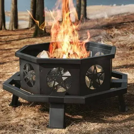 35 inch Fire Pit, Outdoor Fire Pit Wood Burning Fire Pits with Cooking Grill, Large Firepits for Outside Octagonal Heavy Duty Firepit with Poker for Bonfire, Backyard, Patio, Picnic, Camping