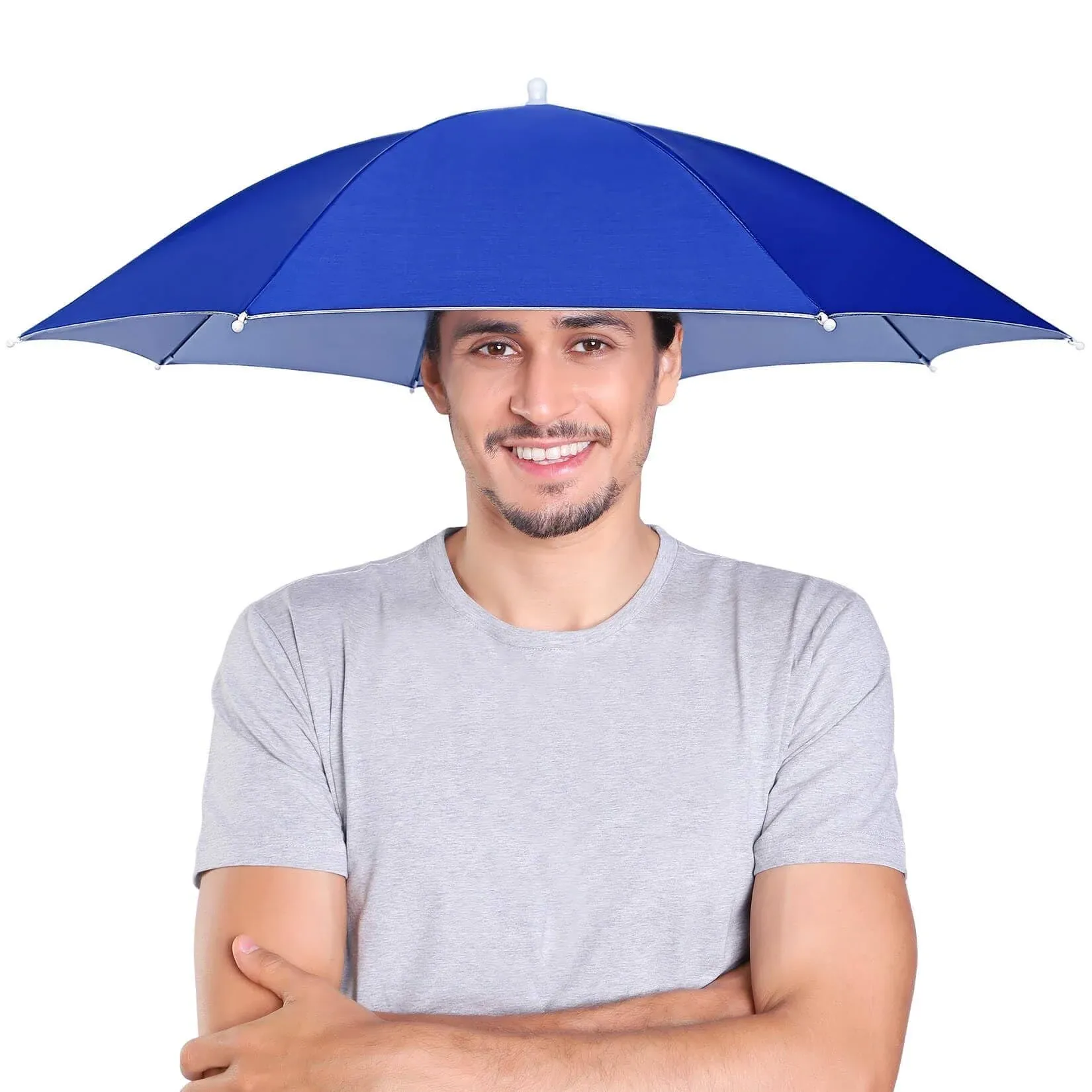 massmall Umbrella Hat 27" Elastic headband Umbrella Hats for Women Men Hands Free Umbrella Blue/1 Pack