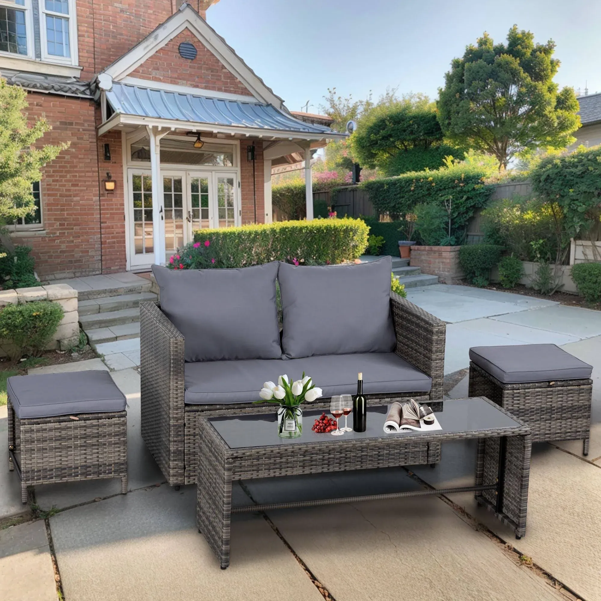 Shintenchi Patio Furniture 4 Pieces Wicker Patio Furniture Sets,Outdoor Wicker Conversation Set Rattan Sectional Sofa with Cushions&Coffee Table for