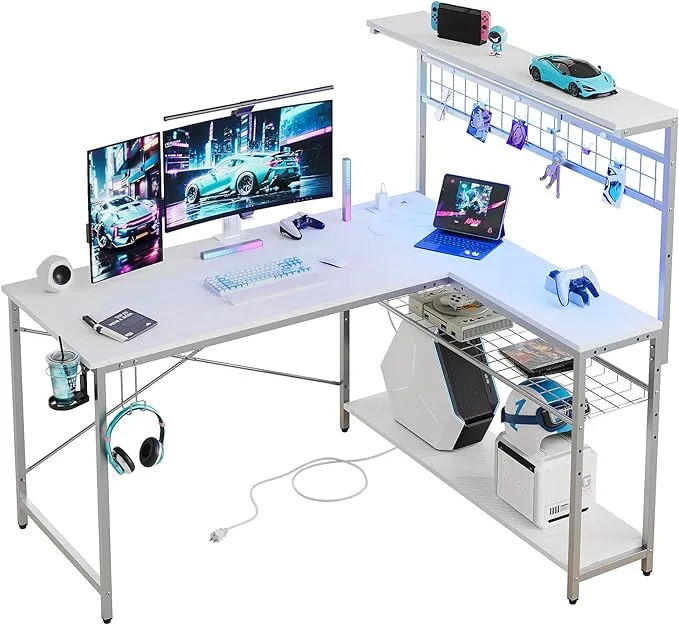 Bestier Gaming Desk 51" L-Shaped, with Power Outlets & LED Lights- 4 Tier Shelves, Reversible Gamer Table with Hooks & Cup Holder for Home Office