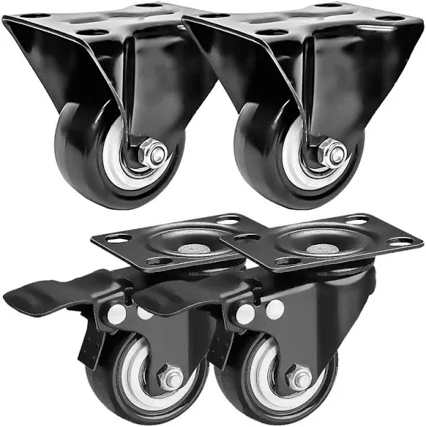 FactorDuty 4 Pack Combo 2 inch Caster Wheels 2 Rigid Non Swivel Fixed Stationery & 2 with Brake Swivel Plate All Black Polyurethane Wheels Non