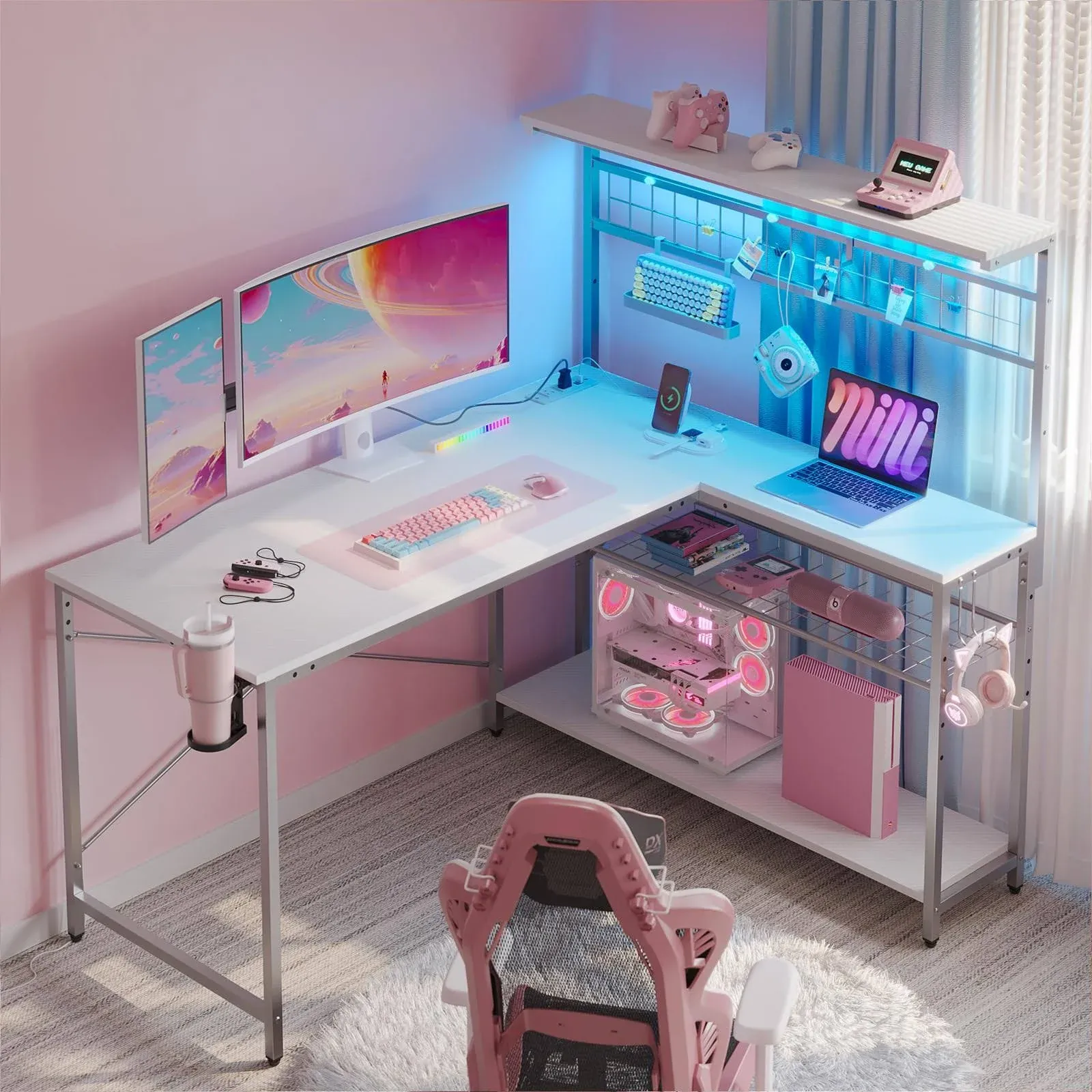 Bestier L Shaped Gaming Desk with Power Outlets, 51 inch LED Computer Desk Reversible Corner Desk with Metal Grid Pegboard and 4 Tiers Storage