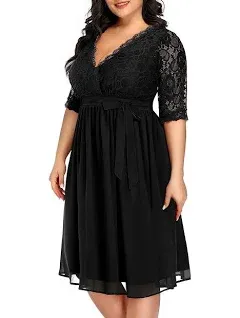 Pinup Fashion Plus Size Lace Chiffon Wrap V Neck Dresses Women Cocktail Wedding Guest Midi Dress