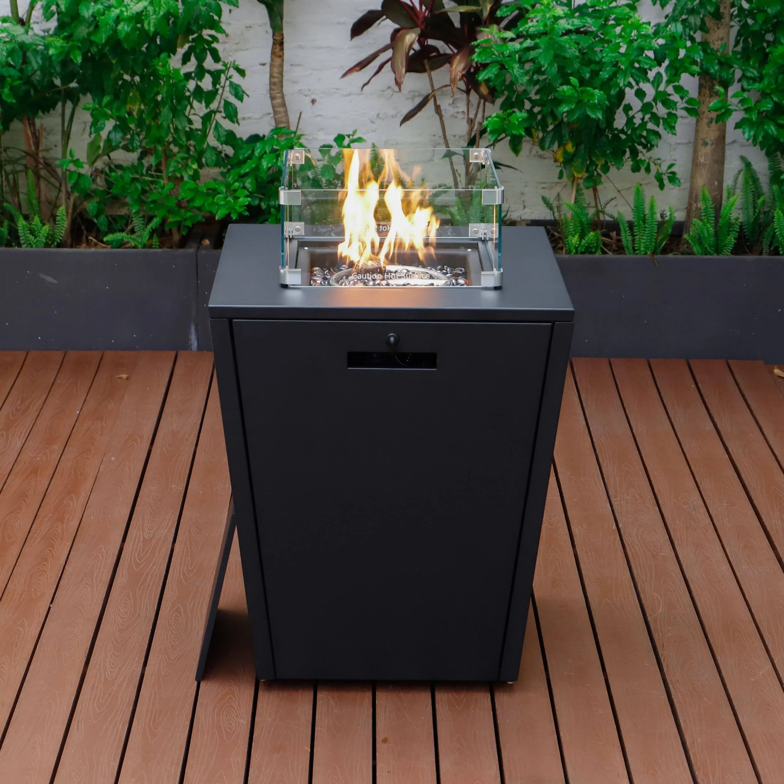 LeisureMod Chelsea Aluminum Patio Modern Propane Fire Pit Black Side Table