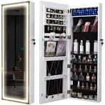 LVSOMT LED Mirror Jewelry Cabinet Wall/Door Mounted Jewelry Organizer Armoire Full Length Lighted Mirror with Jewelry Storage Lockable Over The Doo