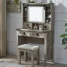 Farmhouse Makeup Vanity Desk with Sliding Mirror and Lights Stool Included