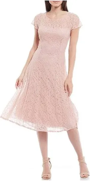 S.L. Fashions Women's Tea Length Cap Sleeve Sequin Lace A-Line Dress