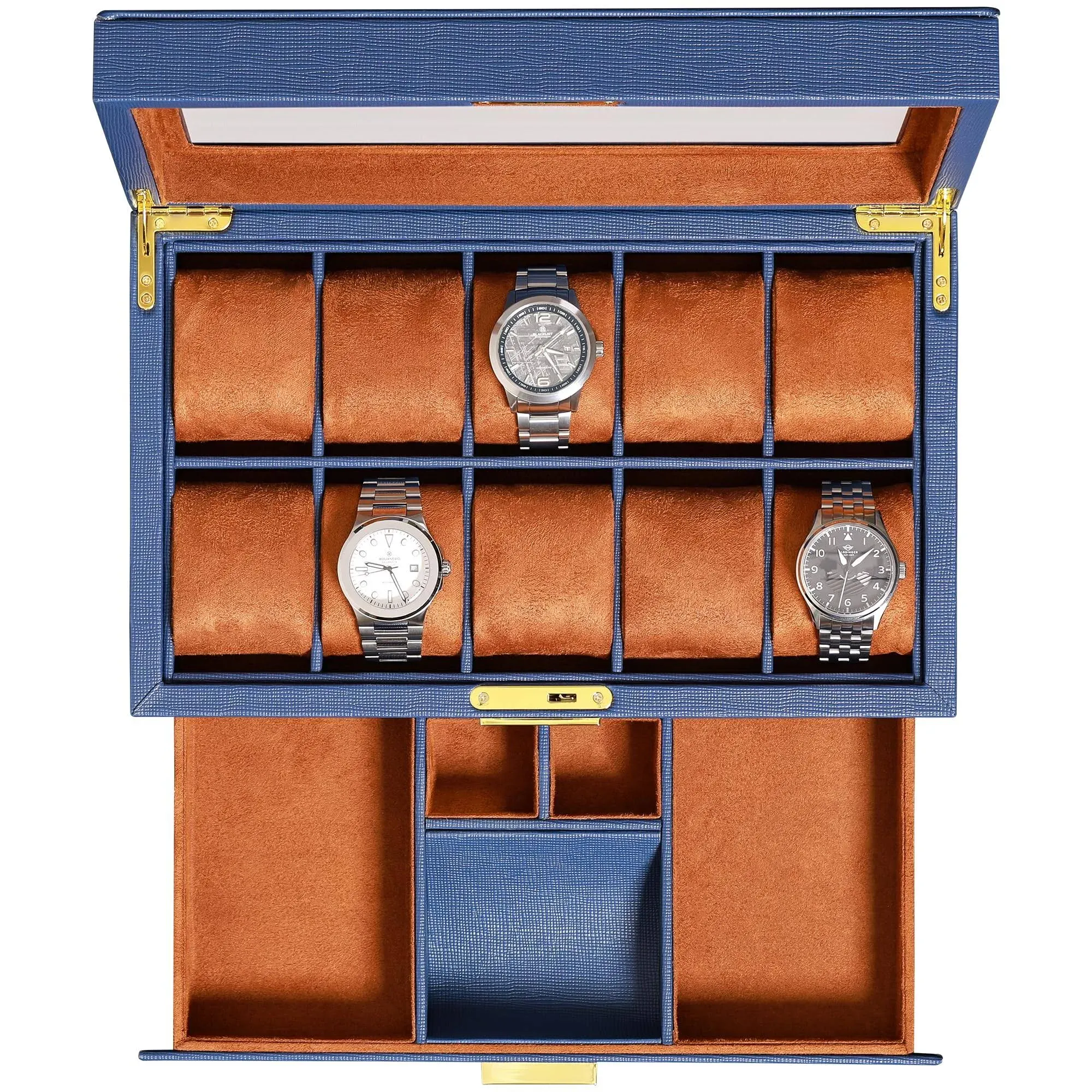 ROTHWELL 10-Slot Watch Box in Leather with Valet Drawer, Luxury Watch Case Display Organizer with Ultra Soft Microsuede Liner, Jewelry and Sunglass Holder With Large Glass top (Blue/Tan)