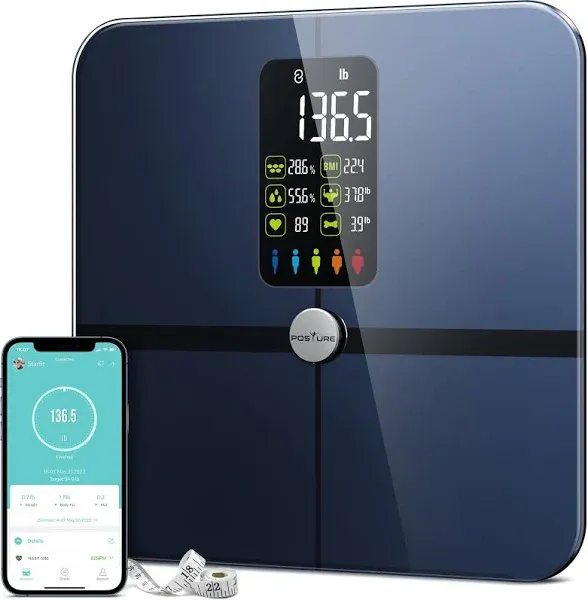 Body Fat Scale, Posture Extra Large Display Digital Bathroom Wireless Weight Scale Composition Analyzer with Heart Rate Heart Index & Body Shape Index with Free APP 400Lb Black