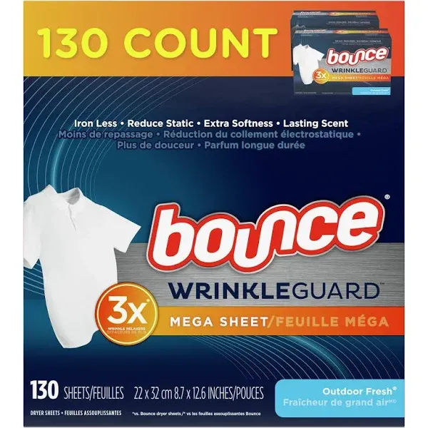 Bounce Mega Dryer Sheets, Fresh Breeze, 130 Count