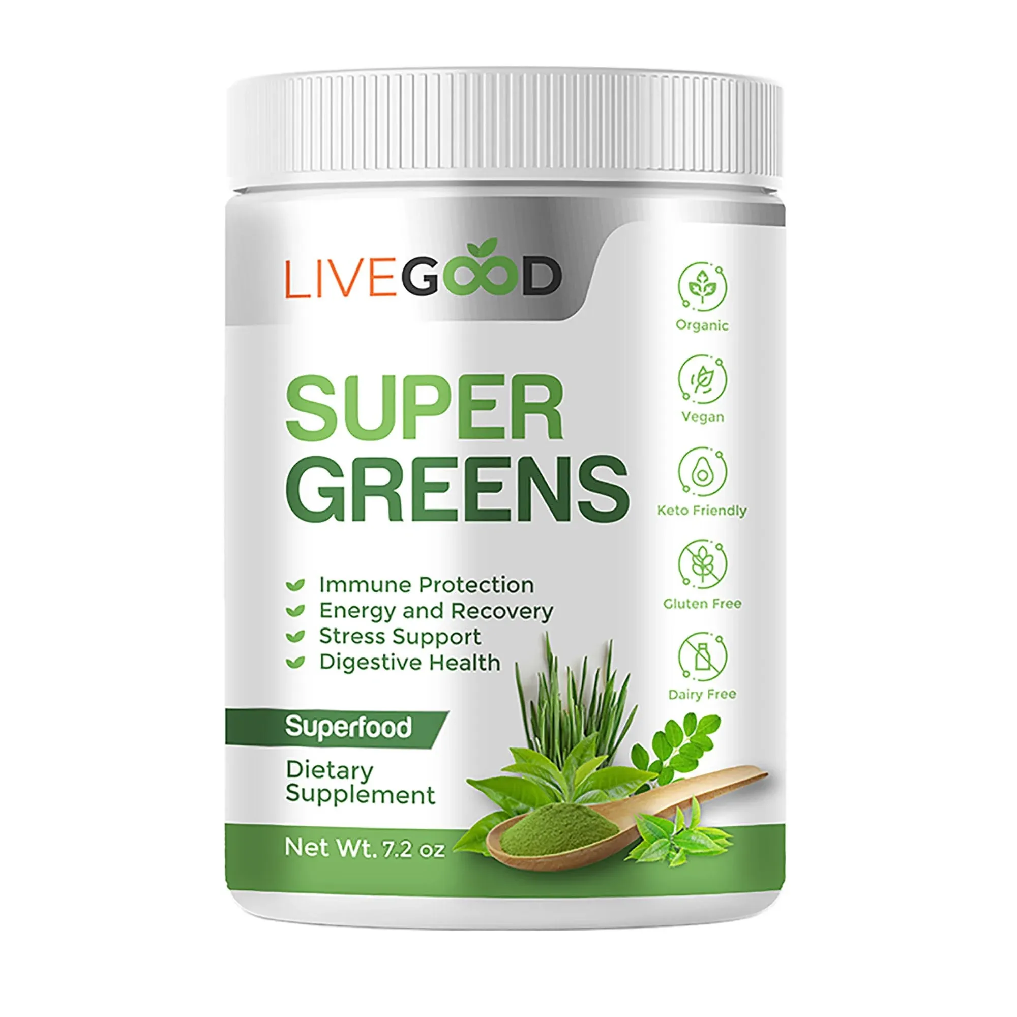 LIVEGOOD™ Organic Super Greens with Wheat, Barley, Oat Grass, Matcha Green Tea, Aloe Vera, Vegan, Gluten Free, 7.2 oz.