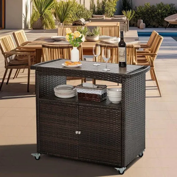 Outdoor Storage Cabinet,Outdoor Cabinet for Patio Outdoor Bar Cart with Rolling Wheels Patio Bar Table with Storage Wicker Buffet Cabinet prep Table Kitchen Serving Cart with Door,Shelves,Handle Brown