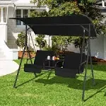 Tangkula 2 Person Porch Swing, Outdoor Swing with Pivot Storage Table, Cooler Bag, 2 Cup Holders, Removable Cushions, Patio Swing with Canopy for Backyard Balcony Poolside (Black)