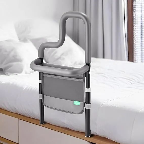 Dual-Bar Bed Rail for Elderly Adults Safety with Storage Pocket, Adjustable 