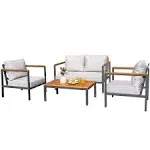 Greesum 4 Piece Furniture Patio Lounge Conversation Set Solid Wood Armrest & Table Top Anti-drop Thick Waterproof Cushion, Beige