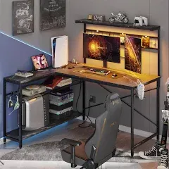 Bestier L Shaped Gaming Desk with Power Outlets, 51 inch LED Computer Desk with