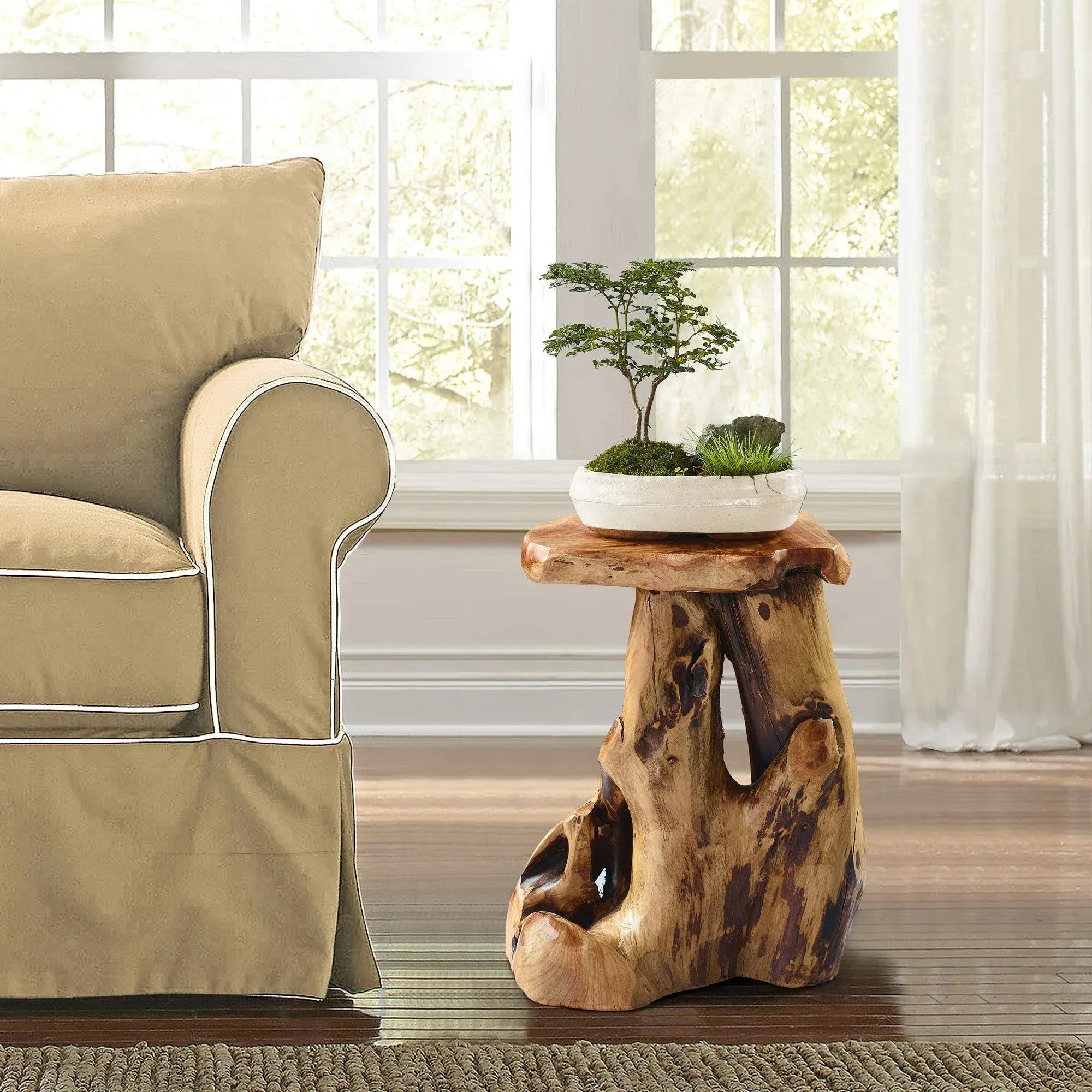 Rustic Cedar Roots Flower Stand Stool, Tree Stump Stool Side Table 19.5" H