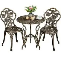 3-piece Outdoor Bistro Set w/Rose Design, Rust-Resistant Cast Aluminum Table and Chairs w/Umbrella Hole for Balcony Backyard Garden