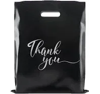 Rainbows & Lilies 100 Thank You Bags,12x15 Inch Plastic Bags with Handles, Shopping Bags for Small Business, Clothes, Gifts, Goodie Bags, Retail Bags, Bulk Gift Bags - Thick Reusable Bags (Black)