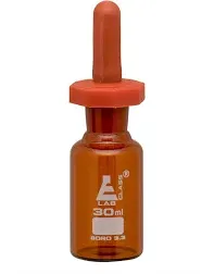 EISCO Dropping Bottle, 30ml (1oz) - Amber Borosilicate 3.3 Glass - Eye Dropper Pipette and Dust Proof Rubber Bulb - Octagonal, Non-screw Top Labs