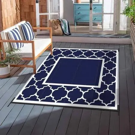 Deorab Square Outdoor Rug for Patio Clearance, Reversible Plastic Camping Rugs, 5'x5', Blue & White, Size: 5' x 5'